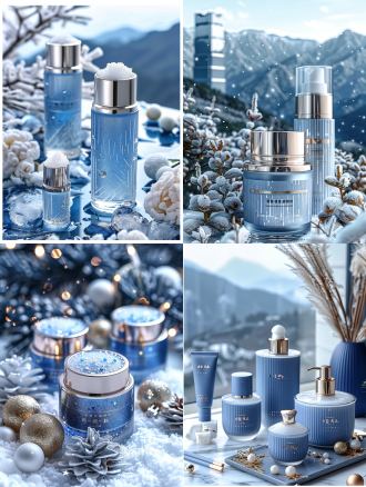 蓝色星空场景图，全景构图，深邃星空，前面是雪地上放着护肤品，带一点点雪花飘扬，带一点点白色圣诞元素，长焦镜头，低噪点，冷色调，顶光，静谧，繁星闪烁，梦幻。