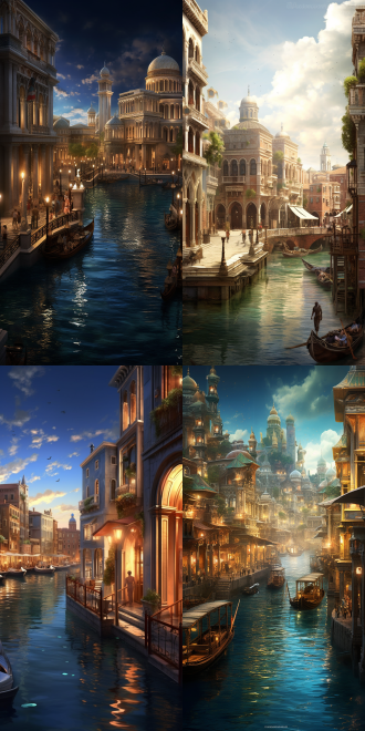 水城建筑临水而建，运河交错，全景构图，古典风格，冷色调，超广角镜头，柔和侧光，宁静。