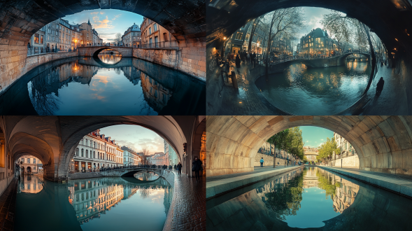 水城街景，中心构图，运河桥梁，欧式建筑，冷色调，鱼眼镜头，柔和顶光，宁静，倒影，游客漫步。