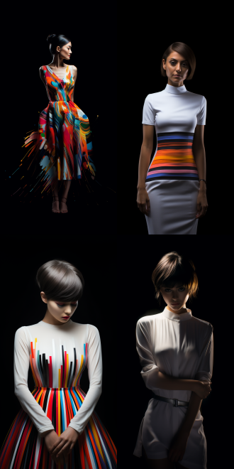 女孩站立，白色裙，黑色背景，彩色肌肤，简洁背景，黑色发髻，全身照，短发，分开站立。高对比度，简洁风格，彩色肌肤，透视效果，黑色背景，全身照，简洁背景，短发，分开站立。