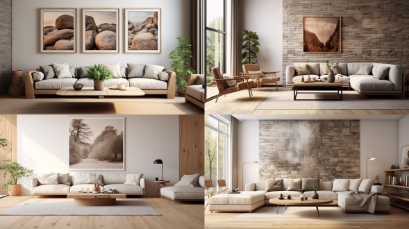 北欧风格客厅设计，木地板，自然植物装饰，墙上有画框，岩石风格台面的桌子，超现实主义，8k分辨率，电影级灯光，景深效果，细节丰富，超逼真，硬光照明，精细细节。木质纹理,自然光,室内环境,广角镜头,高分辨率,电影感,深度聚焦,细节精致,真实感光,硬光效果,自然色彩,宁静氛围。