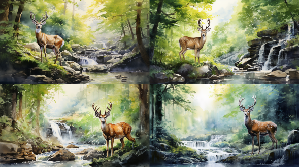 水彩画瀑布鹿，郁郁葱葱绿色，宁静风景，印象派，莫奈风格，艺术画廊，湿法水彩，梦幻边缘模糊，细腻笔触，自然和平，高度详细，活力色彩，动态奔跑，柔和光线，原创艺术，自然元素，情感宁静。