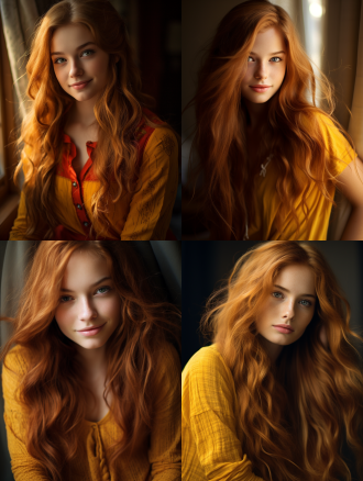 女孩红黄相间长发，上半身特写，柔和光线，室内，自然光，中焦镜头，微笑，温暖色调，活力。