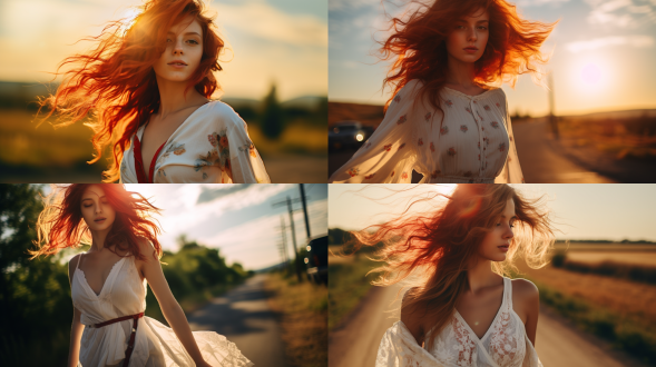 女孩站在路边，红绿相间头发，白色连衣裙，阳光照耀，细节丰富，幻想色彩，4k分辨率，广角镜头，自然光，明亮色调，生动表情，艺术感。