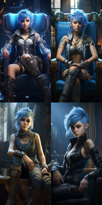 概念艺术，精灵朋克风格，正面视角，短蓝色头发，蓝眼睛女孩，椅子上，4k，超详细描绘，电影般视觉效果，阳光，神光，生动，美丽，artstation流行，高分辨率，细腻光影，冷色调，广角镜头，正面光，静态，专注表情。