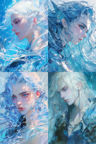 超现实主义插画，高分辨率，水彩混合油画插画风格，郑晓嵘风格，人鱼，淡蓝色长发，海蓝色眼睛，英俊男模，长睫毛，细腻画风，唯美主义，海洋，破碎感，丁达尔效应，侧光