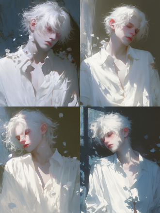 苍白男性，忧郁唯美，超现实梦幻，病态美学，苍白虚弱，柔软凌乱雪白长发，脆弱感，散落花瓣，凄凉落寞，宽松白色衬衫，领口微敞，锁骨，瘦弱身躯，昏暗房间，斑驳光影，半开窗帘，光线透射，破碎感，高对比度，柔和光线，广角镜头，侧光，慢快门，静态，冷色调。