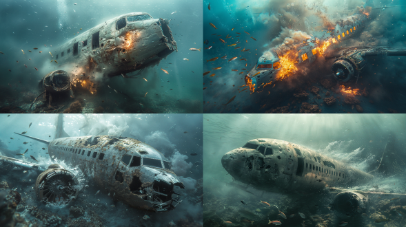 飞机残骸四分五裂带烟与气泡在水中下沉鱼群四散，对称构图，水下场景，长焦镜头，暗色调，顶光，动态模糊，震撼。