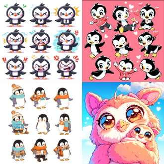 企鹅q版设计，圆形身体，漫画风格，高清画质，镜头特写，多个活泼动作表情，蓝色天空背景，天气晴朗，光线柔和，矢量平面，鲜艳色彩，轻松氛围，动态捕捉，表情丰富。 参考表 cute penguin design in cartoon style, with round body, high-definition quality, close-up shots, and multiple lively expressions. set against a blue sky background on a sunny day with soft lighting. vector graphics with vibrant colors, creating a relaxed atmosphere. expressions are rich and dynamic.