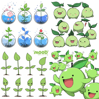 植物种子q版设计，圆形身体，漫画风格，高清画质，镜头特写，多个活泼动作表情，白色背景，光线柔和，矢量平面，鲜艳色彩，轻松氛围，动态捕捉，表情丰富。 参考表 cute penguin design in cartoon style, with round body, high-definition quality, close-up shots, and multiple lively expressions. set against a blue sky background on a sunny day with soft lighting. vector graphics with vibrant colors, creating a relaxed atmosphere. expressions are rich and dynamic.