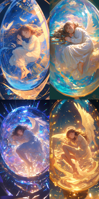 女孩趴在巨大蛋上睡觉，蛋内充满幻想场景，青少年女孩，闭眼睫毛长，穿白色睡裙，长发微卷，星光梦幻背景，波光粼粼效果，蛋内梦幻元素，背后有翅膀，动漫风格，波普艺术，天使般圣洁，柔和光线，广角镜头，高饱和色彩，梦幻氛围，宁静表情。