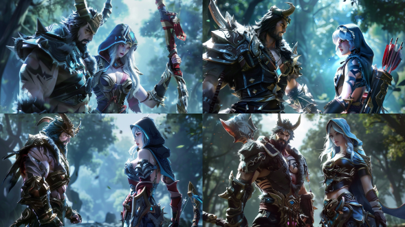 英雄联盟角色，一男一女，两人面对面交谈，男人拿着武器大刀，男人牛角帽，女人拿着武器弓箭，女人连帽衣，女人白发，神秘氛围，广角镜头，远镜头，全身照，自然光线，动态模糊，冒险，团结，角色装备细节，面部表情专注，森林背景丰富，层次感强，远镜头，全身照