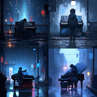 朋克风男孩，像素画，背电钢琴，城市街道，夜晚，淡蓝色调，俯视角度，细节丰富，led灯效，忧伤，孤独，像素风格，背光，广角镜头，高细节，冷色调，夜景，电子音乐，街头艺术，孤独感，忧伤表情。