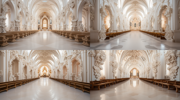 教堂中央，对称鲜花拱门，白色台阶，对称布局，室内环境，暖色调，广角镜头，柔和光线，宁静祥和。 教堂内 正视 米色 雕刻 暖光 参数化室内