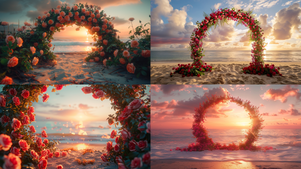 海边傍晚，玫瑰花堆成圆形拱门，沙滩，浪漫氛围，逆光，柔和光线，长焦镜头，温暖色调。 超广角