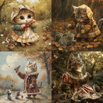 一只小猫咪,穿漂亮的衣服,在公园里跟老鼠玩