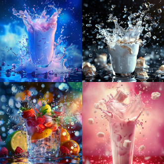 now ice splashing, dynamic composition, macro photography, high-tech camera, 8k high definition, ultra-realistic details, multi-angle shooting, vibrant colors, tempting appetite, poster promotion, milkshake splashing, vibrant health, eye-catching, wide-angle lens, high contrast, side lighting, fast shutter, creative layout, tense anticipation. oc renderer, surrealism.