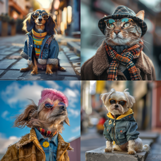 宠物穿着时尚服装，街头背景，时尚杂志风格，宠物表情自信，服装色彩鲜艳，细节精致，广角镜头，自然光，动态捕捉，活泼，温馨。