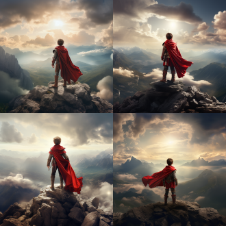 男孩站在山巅，红盔甲闪耀，面容坚毅，背景是壮丽的山脉和云海。构图中央，广角镜头，高动态范围，自然光，仰视角度，红色与绿色对比，力量感，决心。