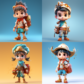 东方ip形象，螺线帽子，卡通小男孩，9岁，头身比例1:1，身高一米三，眼神认真，背着斜挎包，中国风，天空蓝，色彩鲜艳，金色和白色为辅，全身，简化拓扑，纯色背景，纯白背景，迪士尼风格，超可爱，可爱卡通+，卡哇伊，柔和色彩，未来感，赤壁，人物设计，vray渲染8k，高清，2d，popmart的2d渲染。