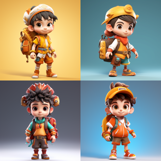 东方ip形象，螺线帽子，卡通小男孩，9岁，头身比例1:1，身高一米三，眼神认真，背着斜挎包，中国风，色彩鲜艳，金色和白色为辅，全身，简化拓扑，纯色背景，迪士尼风格，超可爱，可爱卡通+，卡哇伊，柔和色彩，未来感，赤壁，人物设计，vray渲染8k，高清，2d，popmart的2d渲染。