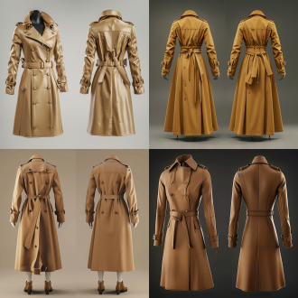 女装,风衣+,正面+,反面+,细节,服装设计、调整设计稿,欧美风,vray渲染8k，高清，2d，popmart的2d渲染。