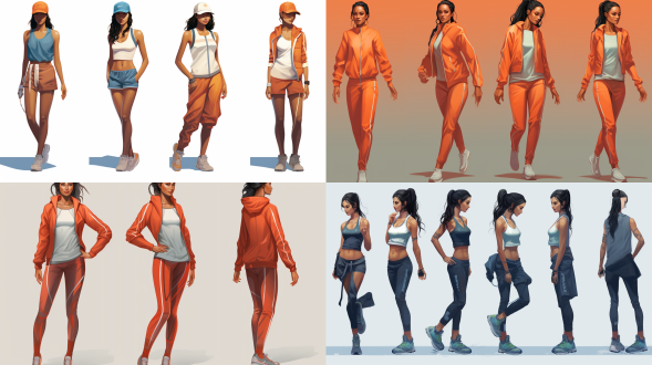 运动款服装效果图，正面背面侧面平面图，对称布局，高饱和度，工作室，冷色调，广角镜头，顶光，细节清晰，动态姿势，自信，活力。