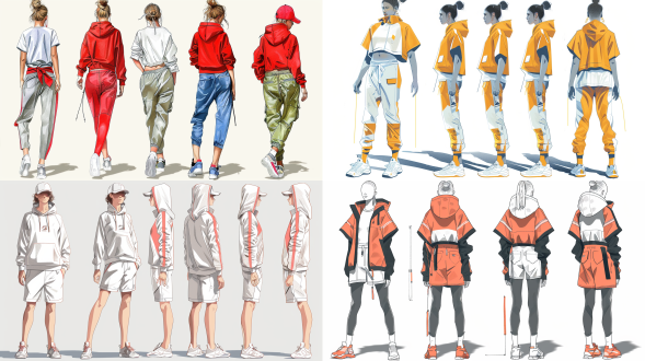 服装效果图+，运动款，设计草稿,正面展示+,背面展示+,侧面展示,平面图,