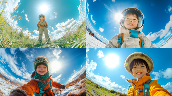 可爱男孩探险，户外场景，自然风光，阳光明媚，广角镜头，逆光，微笑表情，好奇眼神，探险装备，鲜艳色彩，活力四射。 一八零零 月球空间 360度全景 白绿 皮毛 明亮的 森山大道 迪奥 吕克贝松