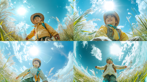 可爱男孩探险，户外场景，自然风光，阳光明媚，广角镜头，逆光，微笑表情，好奇眼神，探险装备，鲜艳色彩，活力四射。 一八零零 月球空间 360度全景 白绿 皮毛 明亮的 森山大道 迪奥 吕克贝松