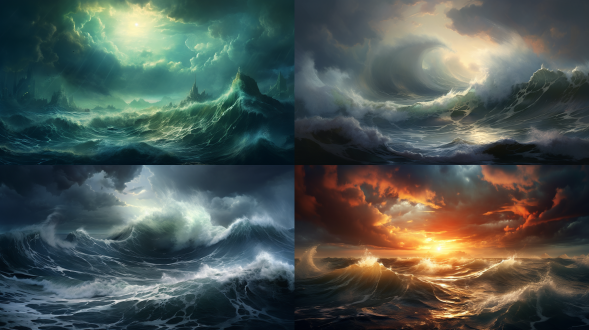 海面上波涛汹涌，巨浪翻滚，天空乌云密布，海风猛烈，浪花飞溅，充满力量与动感的海景。