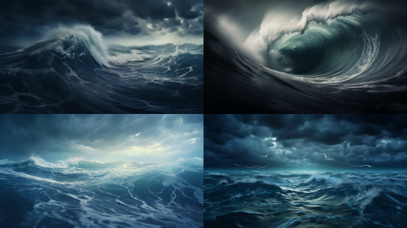 汹涌海面巨浪翻滚，乌云密布天空，对角线构图，海景，冷色调，超广角镜头，顶光，长曝光，飞溅浪花，磅礴动感。
