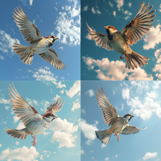 a fierce sparrow is flying in the clear blue sky with white clouds, fine weather, bright lighting, 3d