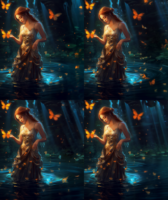 女孩站在水中，闭眼感受蝴蝶的轻触，长发飘逸，裙摆随水流舞动，蝴蝶在背后发光，逆光勾勒轮廓，水波粼粼，睫毛清晰可见，深度感强，电影级光效，超高清细节，8k渲染，cg壁纸，梦幻氛围，柔和色调，宁静情感。