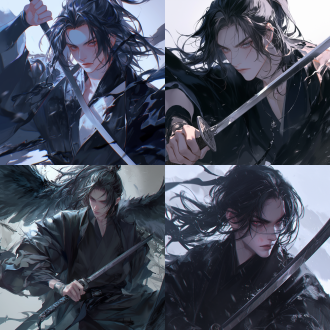 墨色头发男子，20岁，五官精致，剑眉凤目，狐狸眼，气质清冷，白皙皮肤，俊美绝伦，长身玉立，气若谪仙，天人之资，江湖气息，手持长剑，墨色长袍，山风吹乱发丝，冷雨夜中，墨色高马尾，中景，特写，细节精致，天光照侧脸，动漫质感，正视镜头，眼神犀利，警惕，高山之上，拔剑而动，高对比度，冷色调，广角镜头，侧光，快速快门，动态，紧张。