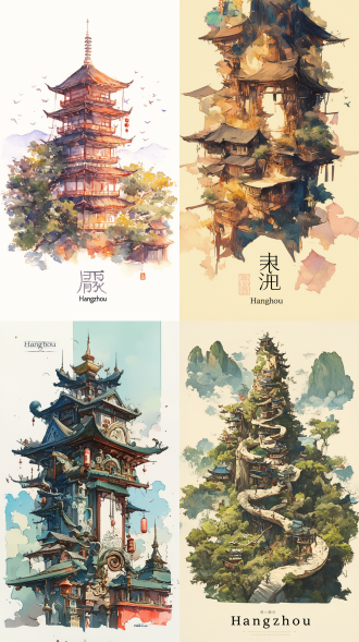 雷峰塔顶印有“hangzhou”字样的明信片，昆汀·布莱克风格，手绘插画风格，水彩插画，白色背景，细腻笔触，柔和色彩，对称构图，自然光，静态，怀旧。