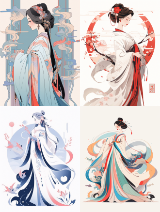 东方美人，倾国倾城，多色，优雅姿态，极简主义设计，中国古典人物插画，迷幻漫画风格，矢量图，扁平设计，国潮矢量插画，线条人物，对称构图，柔和色彩，高饱和度，细腻线条，侧光照明，静态动作，优雅表情，传统服饰，文化元素，梦幻氛围。