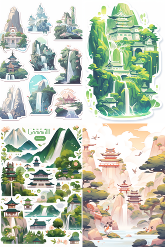 山寺风光贴纸，青山绿水，山寺佛塔，瀑布，花草，飞鸟，暖色调，白色背景，扁平插画，矢量插画，清新明快，自然风光，简洁线条，明亮色彩，静谧氛围，和谐构图。