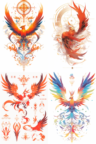 中国风凤凰素材，各种颜色，清新明快，线条清晰，白色背景，扁平插画，矢量插画，极简设计，高质量，高像素
