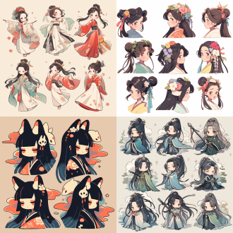 古风小人贴纸，q版，多色，优雅姿态，极简主义设计，中国古典人物插画，迷幻漫画风格，矢量图，扁平设计，国潮矢量插画，线条人物，对称构图，柔和色彩，高饱和度，细腻线条，侧光照明，静态动作，优雅表情，传统服饰，文化元素，暖色调，白色背景，扁平插画，矢量插画，清新明快，简洁线条，明亮色彩，静谧氛围，和谐构图。