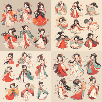 古风小人贴纸，q版，多色，优雅姿态，极简主义设计，中国古典人物插画，迷幻漫画风格，矢量图，扁平设计，国潮矢量插画，线条人物，对称构图，柔和色彩，高饱和度，细腻线条，侧光照明，静态动作，优雅表情，传统服饰，文化元素，暖色调，白色背景，扁平插画，矢量插画，清新明快，简洁线条，明亮色彩，静谧氛围，和谐构图。