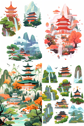 山寺风光贴纸，枫树凉亭，青山绿水，山寺佛塔，瀑布，花草，飞鸟，暖色调，白色背景，扁平插画，矢量插画，清新明快，自然风光，简洁线条，明亮色彩，静谧氛围，和谐构图。