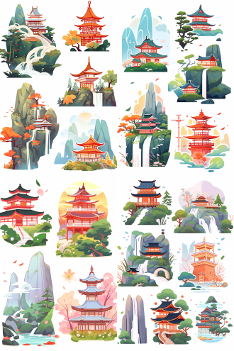 山寺风光贴纸，枫树凉亭，青山绿水，山寺佛塔，瀑布，花草，飞鸟，暖色调，白色背景，扁平插画，矢量插画，清新明快，自然风光，简洁线条，明亮色彩，静谧氛围，和谐构图。