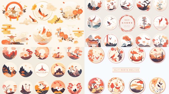 东方美学-中秋节贴纸，枫树凉亭，祥云描边，玉兔，凤凰，飞鸟，月亮，暖色调，白色背景，扁平插画，矢量插画，清新明快，自然风光，简洁线条，明亮色彩，静谧氛围，和谐构图。