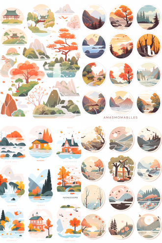 山水贴纸，枫树凉亭，青山绿水，山寺佛塔，瀑布，花草，飞鸟，暖色调，白色背景，扁平插画，矢量插画，清新明快，自然风光，简洁线条，明亮色彩，静谧氛围，和谐构图。