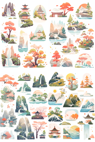 山水贴纸，枫树凉亭，青山绿水，山寺佛塔，瀑布，花草，飞鸟，暖色调，白色背景，扁平插画，矢量插画，清新明快，自然风光，简洁线条，明亮色彩，静谧氛围，和谐构图。