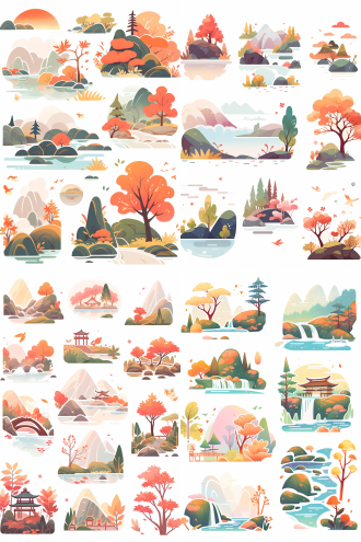 山水贴纸，枫树凉亭，青山绿水，山寺佛塔，瀑布，花草，飞鸟，暖色调，白色背景，扁平插画，矢量插画，清新明快，自然风光，简洁线条，明亮色彩，静谧氛围，和谐构图。