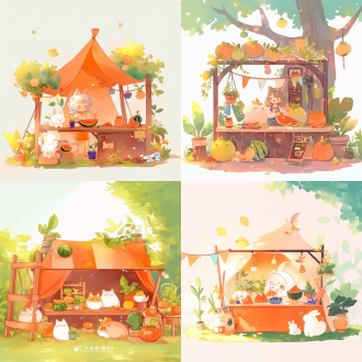 柔软动漫插画贴纸，卖西瓜，juliette leong风格，帐篷，猫耳角色，植物园，直播，植物世界，王琛，柔和色彩，细腻笔触，自然光，温馨氛围，梦幻场景，细节丰富，表情柔和，环境融合，广角镜头，侧光，慢快门，静态，和谐，绿色调，温暖，梦幻。