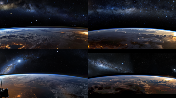 地球全景，银河背景，俯瞰视角，时间流逝，16:9比例，银河系，暗色调，人类渺小，广角镜头，动态延时，深邃宇宙，连接感，宏伟壮观。