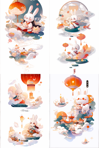 中秋神话贴纸，月亮灯笼祥云，漂浮蜡烛，wlop loish clamp风格，山水画卷，盛大终章，分格，三月，梦幻场景，柔和光影，超现实，细腻笔触，神秘氛围，表情庄重，传统服饰，淡雅色彩，神圣感，暖色调，白色背景，扁平插画，矢量插画，清新明快，简洁线条，明亮色彩，静谧氛围，和谐构图。